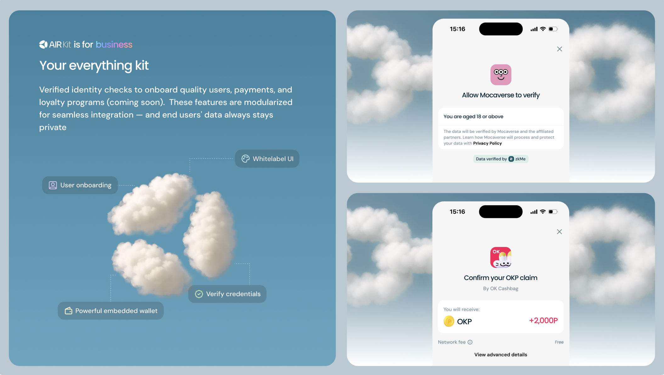 AIR Kit is for business — 'Your everything kit': verified identity checks for onboarding, payments and loyalty programs, with modular features for user onboarding, whitelabel UI, verify credentials and a powerful embedded wallet. Alongside, two phone mockups: a Mocaverse age-verification screen and an OKP claim confirmation by OK Cashbag.