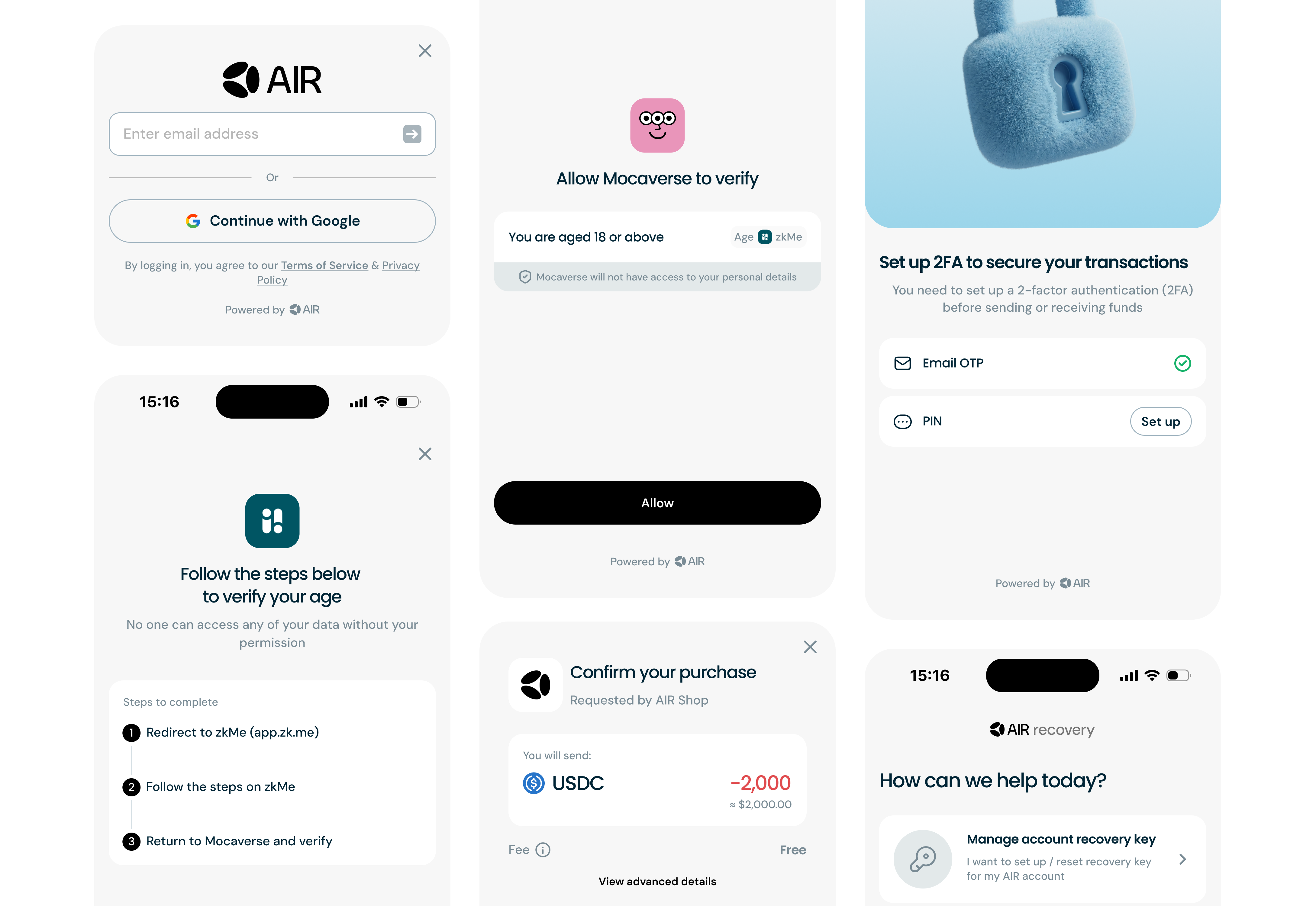 AIR Kit identity and wallet UI: login with email, age verification, two-factor setup, follow steps, confirm purchase, and recovery key screens.
