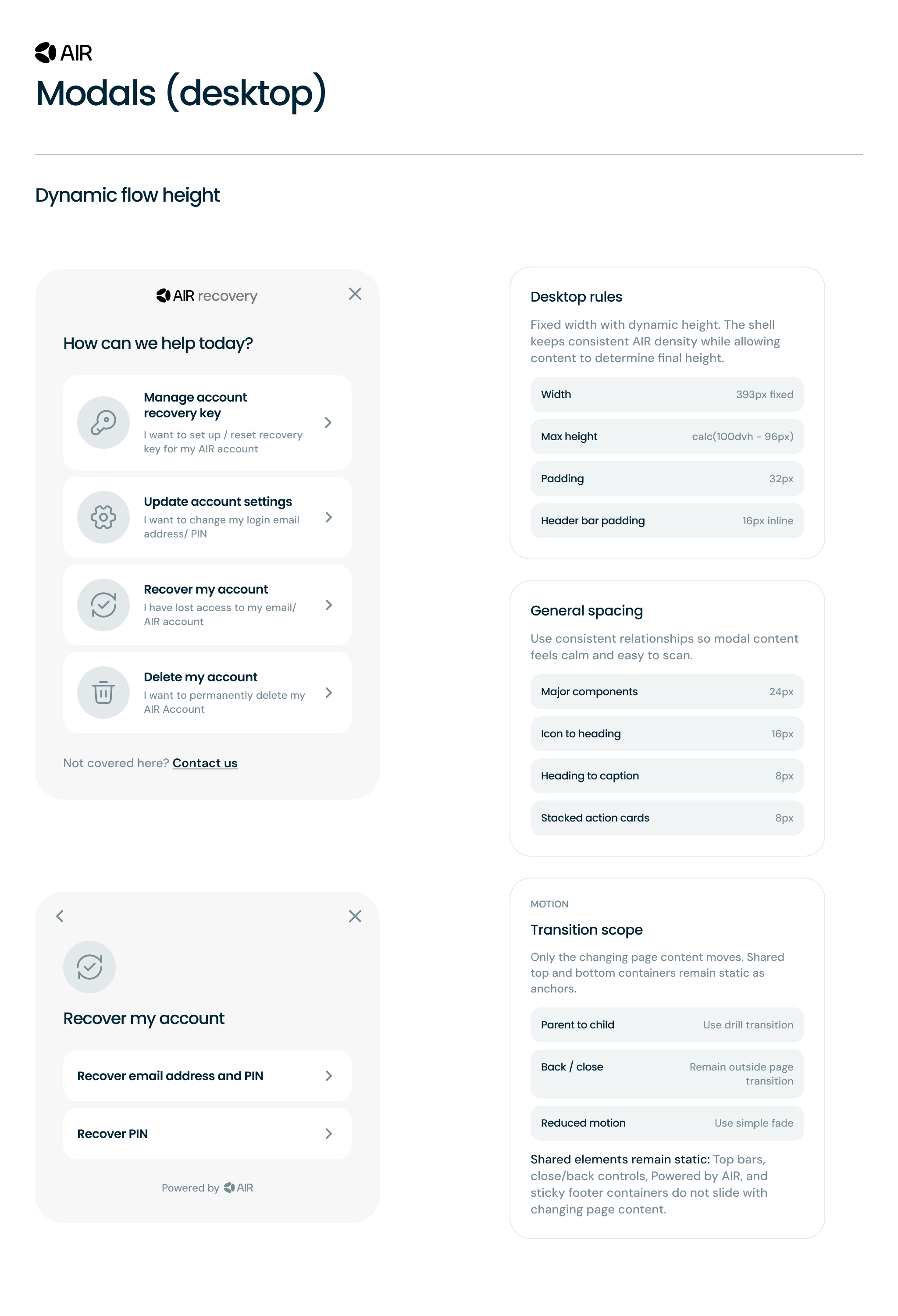 AIR design system spec page for modals (desktop): two modal mockups (account recovery menu, recover my account flow) on the left and rule cards (desktop rules, general spacing, transition scope) on the right.