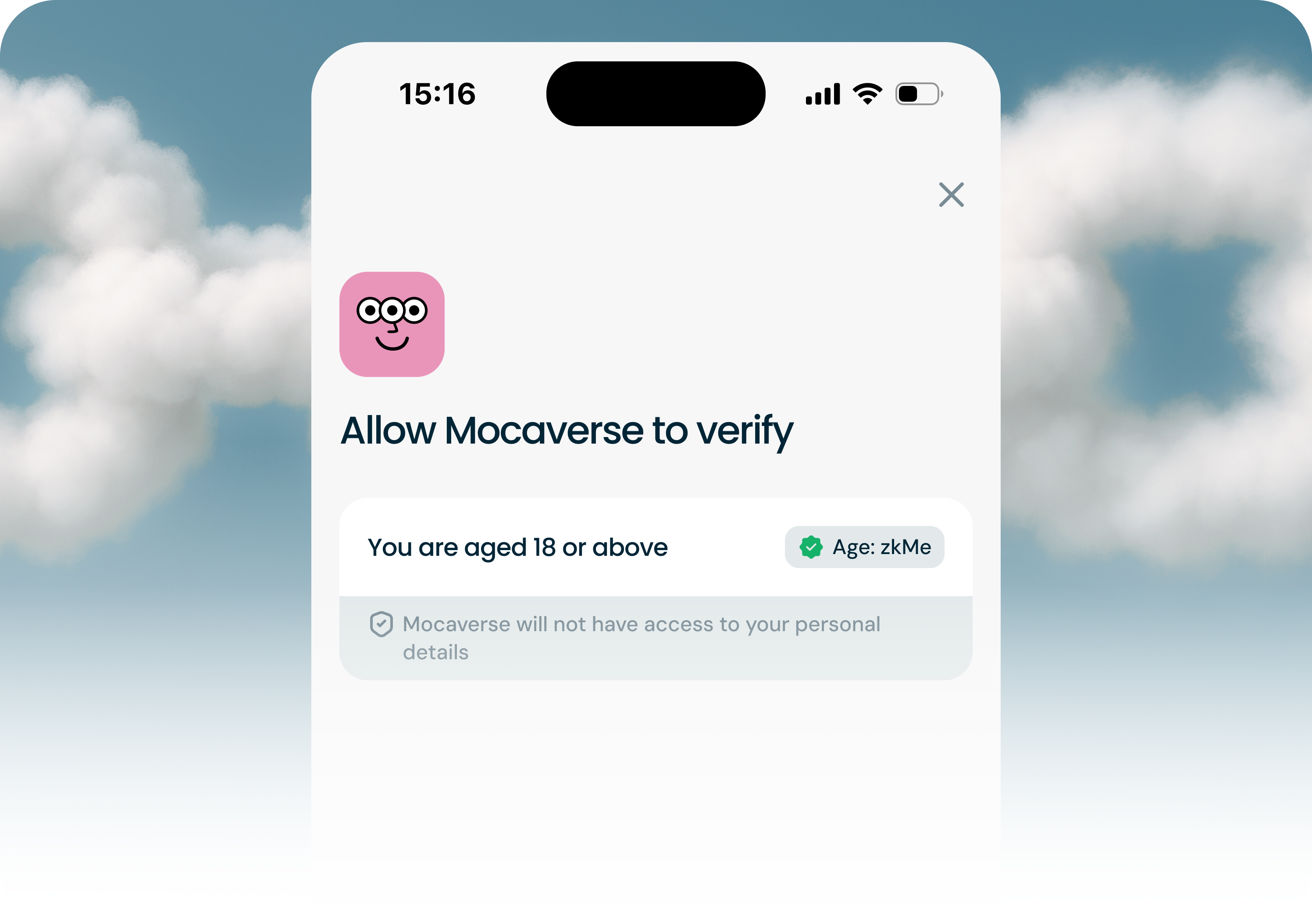 Mocaverse age-verification screen on a phone: 'Allow Mocaverse to verify' with an 'Age: zkMe' badge and a note that Mocaverse will not have access to personal details.