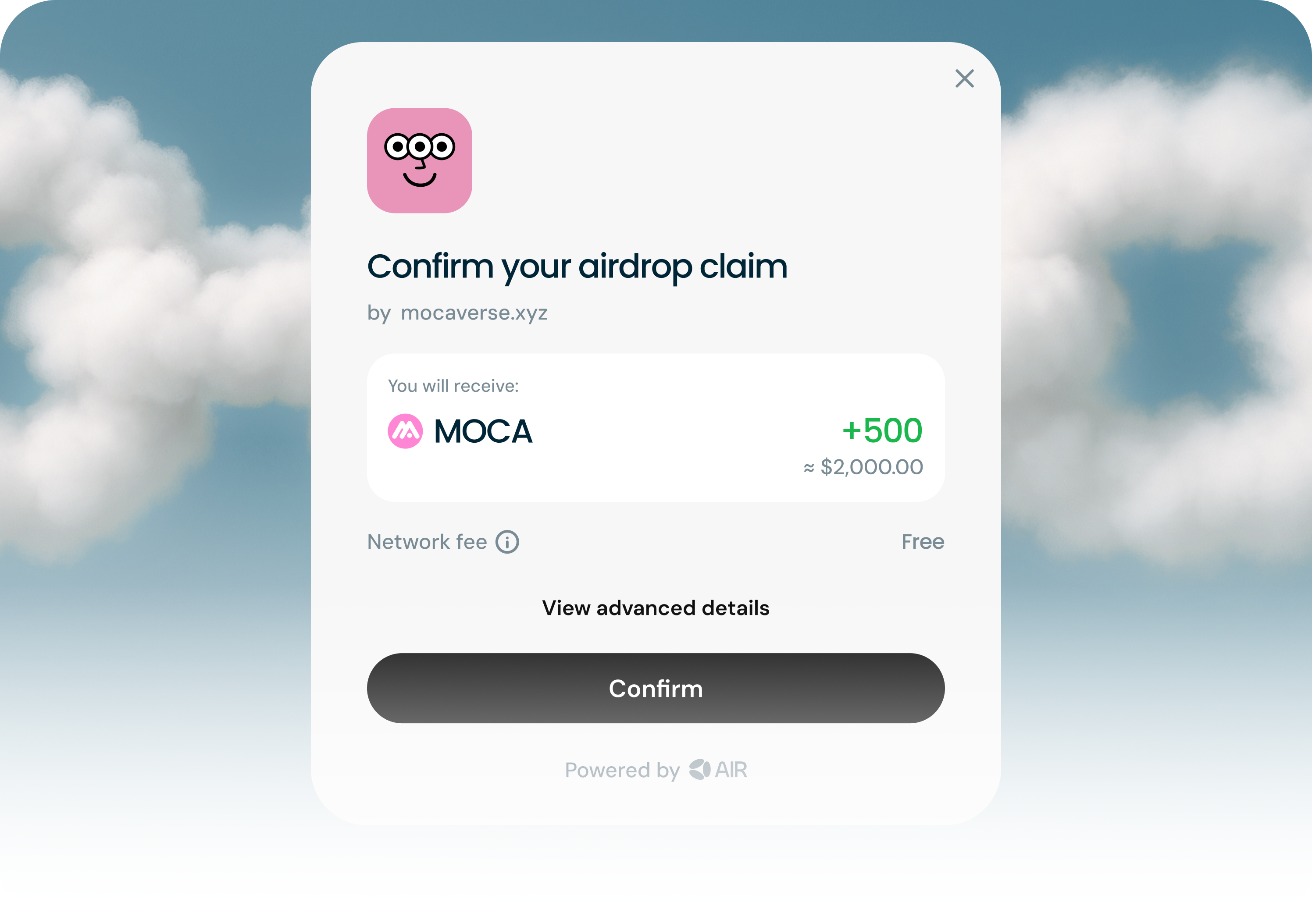 'Confirm your airdrop claim' modal by mocaverse.xyz: receiving +500 MOCA (≈ $2,000), zero network fee, with a Confirm button. Powered by AIR.