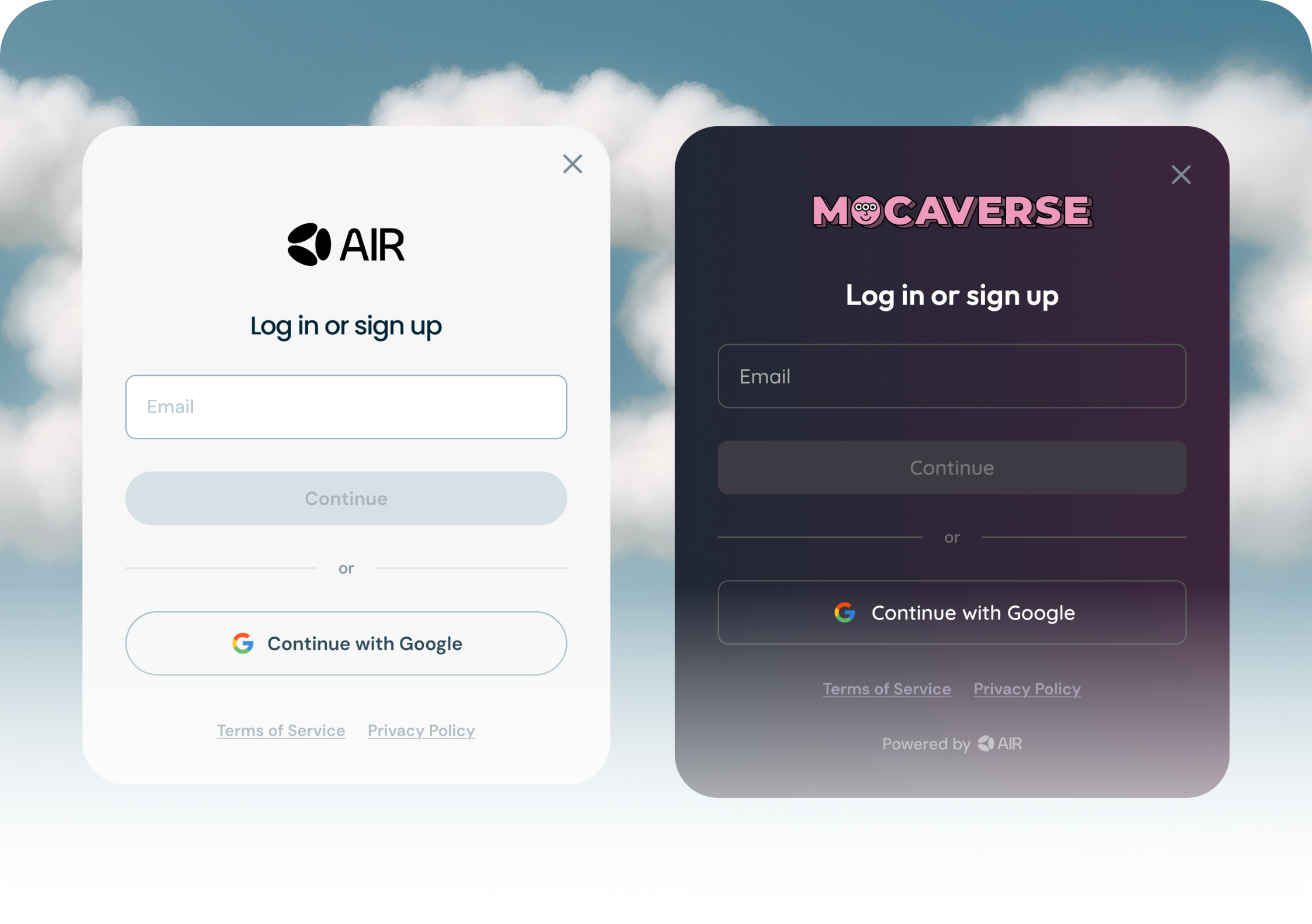 Two login modals side by side: the default AIR modal on a light card, and the same modal rebranded for Mocaverse with a dark purple card and Mocaverse logo.