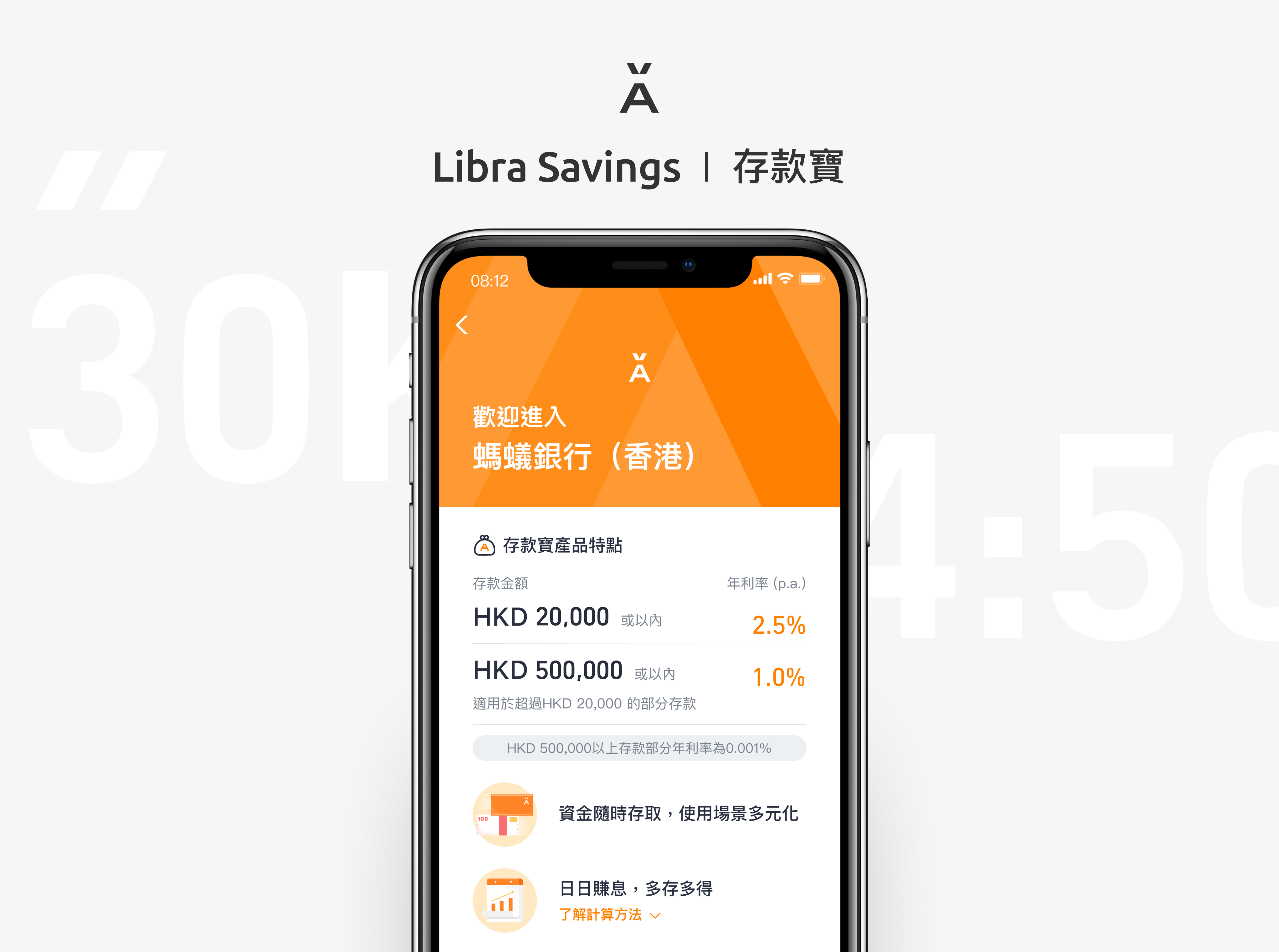 Ant Bank Libra Savings | 存款寶 — Hong Kong app screen showing the welcome view, 存款寶 product feature card with HKD 20,000 at 2.5% and HKD 500,000 at 1.0% annual interest rates.