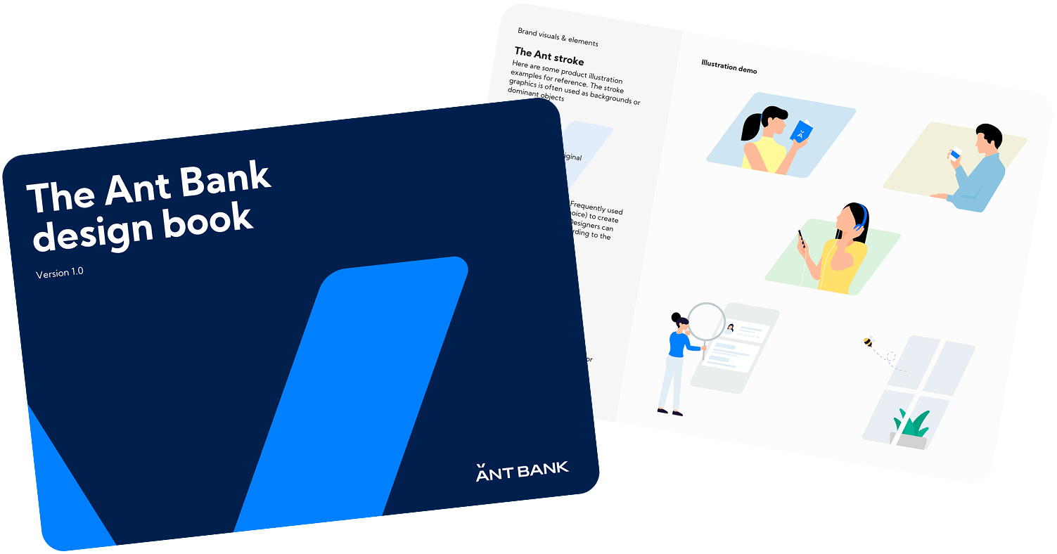 The Ant Bank design book — cover and illustration spread
