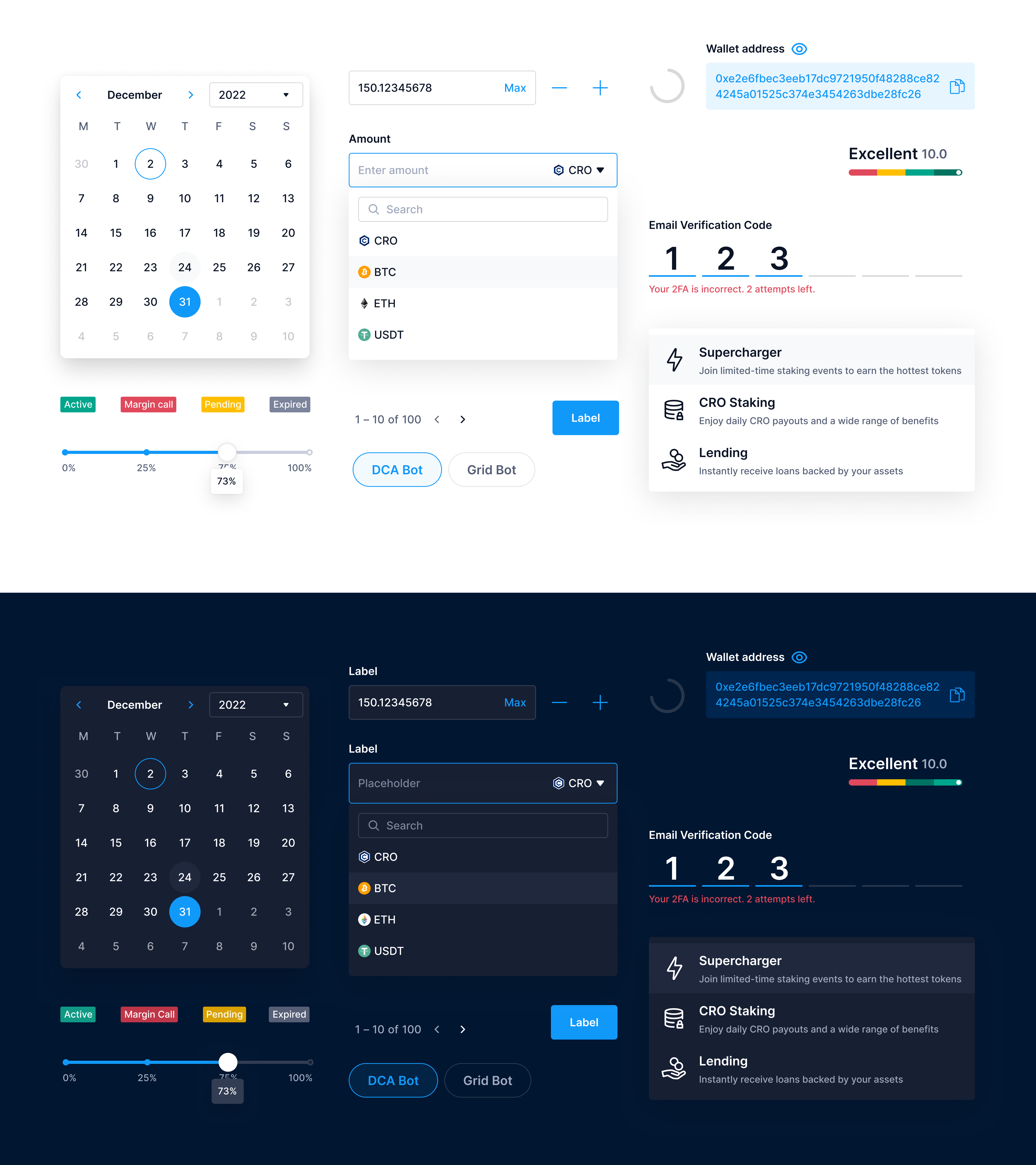 crypto.com Exchange UI components sticker sheet showing roughly 100 components — calendars, input fields, dropdowns, status pills, sliders, OTP fields, gradient bars and side panels — rendered in both light (top half) and dark (bottom half) themes from the same design tokens.