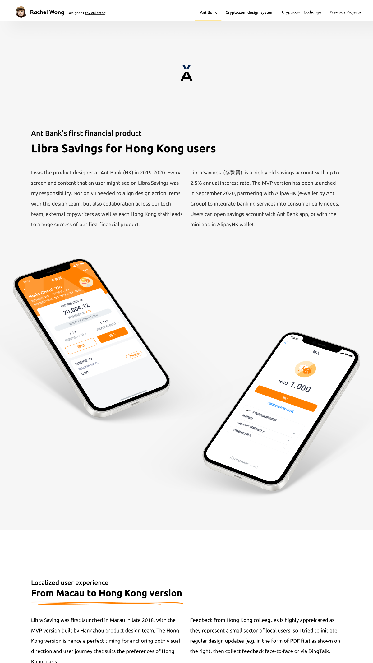 Libra Savings hero: two tilted iPhone mockups showing the Hong Kong home screen with orange gradient, and the HKD 1,000 transfer-in screen.