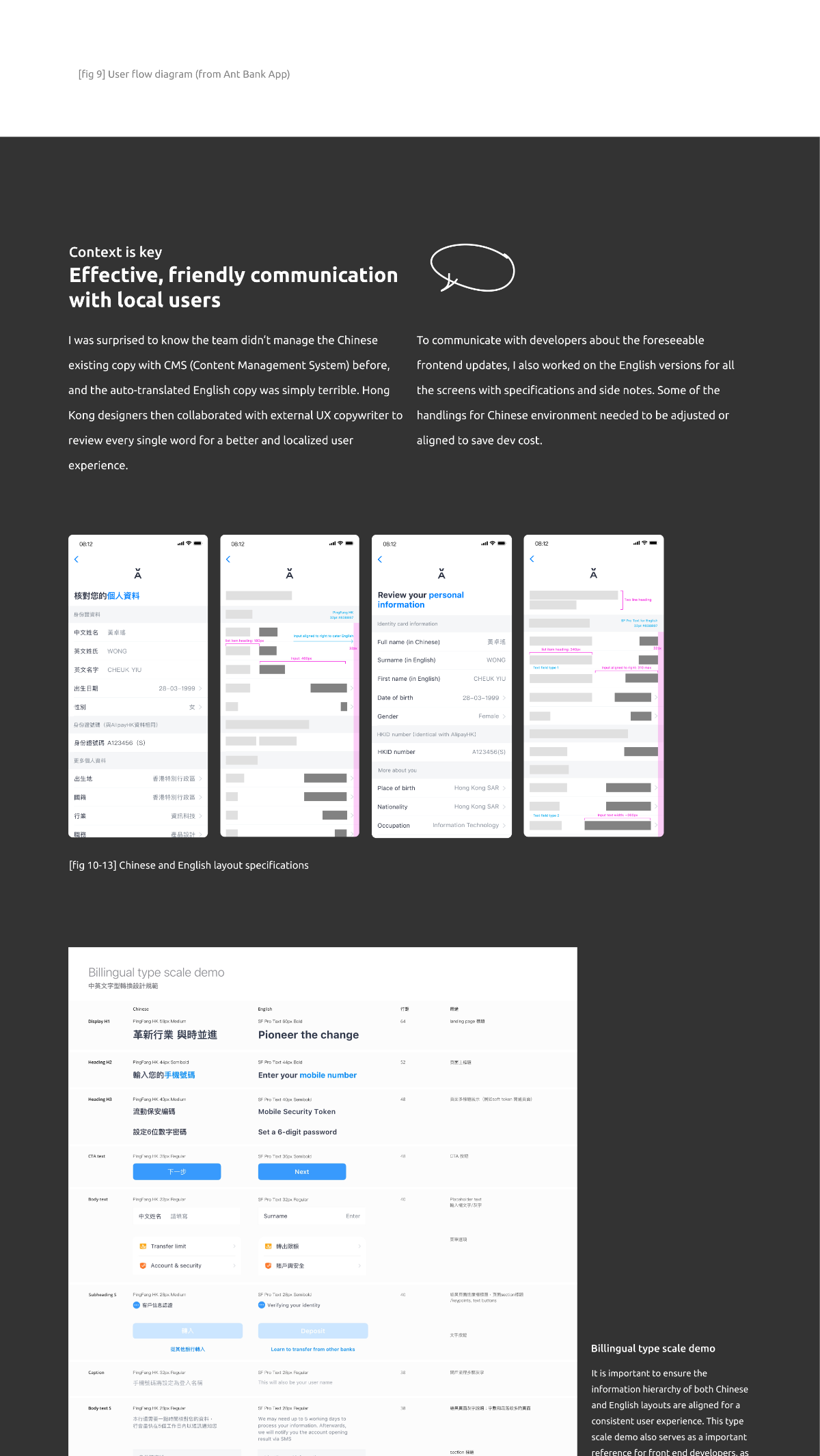 Chinese and English layout specifications side by side for the same screen, plus the bilingual type scale demo aligning Display H1, H2, H3, CTA text, body text and captions across PingFang HK and SF Pro Text.